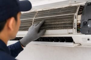 technician checking aircon is not cooling